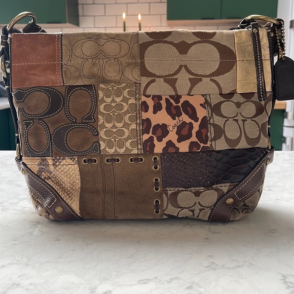 Coach Handbags - COACH CARLY patchwork animal print suede leather handbag monogram